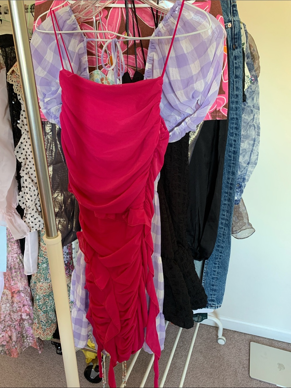 NWT Urban Outfitters Hot Pink Ruffled Spaghetti Strap Dress